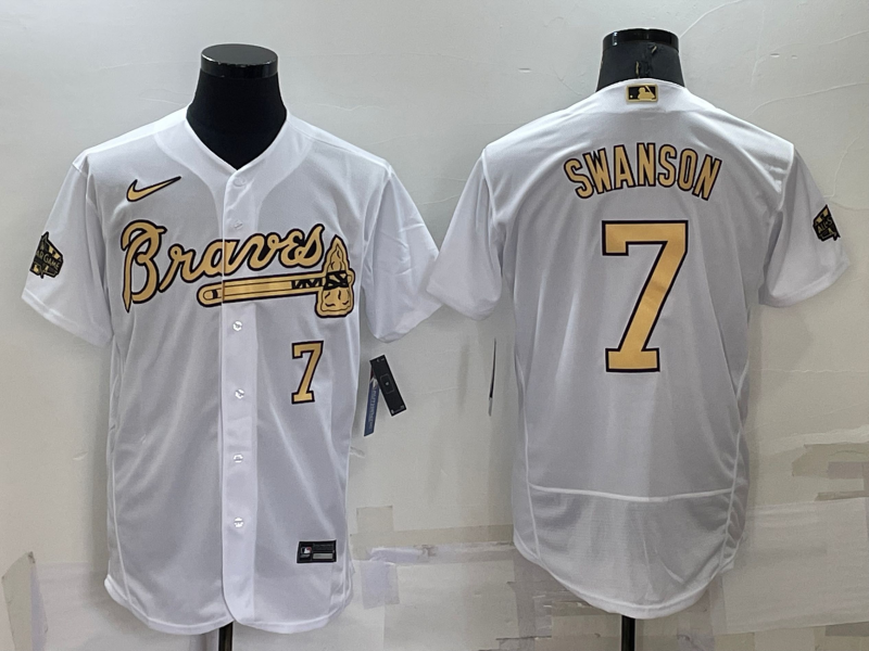 Men's Atlanta Braves #7 Dansby Swanson 2022 All-Star White Flex Base Stitched Baseball Jersey
